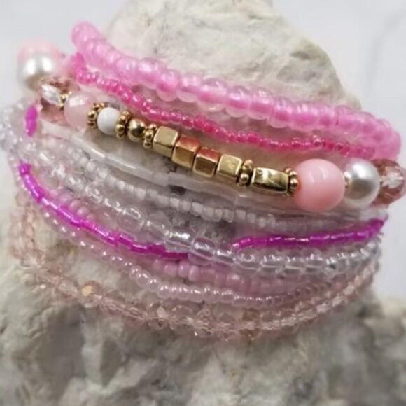 Seed Bead Stackable Bracelet Set Stretch Pinks White Clear Gold Beads - Picture 2 of 2